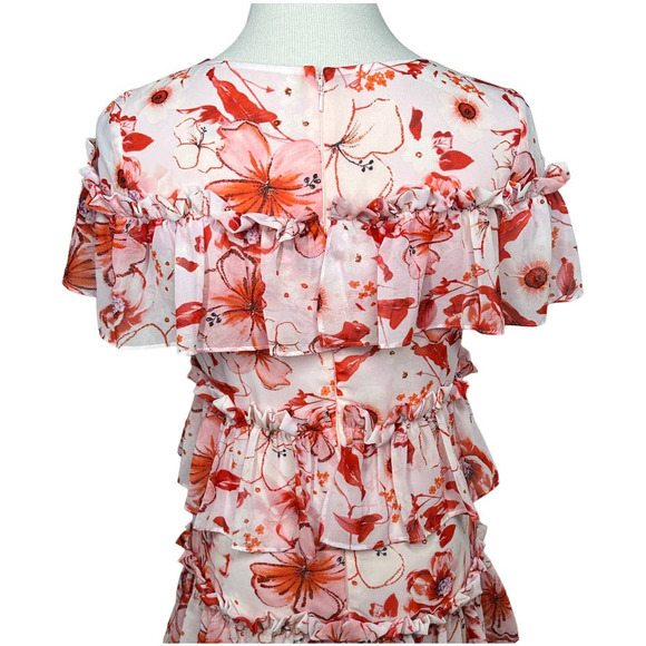 BADGLEY MISCHKA Floral Print Runway Dress SZ 2 Pink Ruffle Tiered Shift Dress - Picture 6 of 11